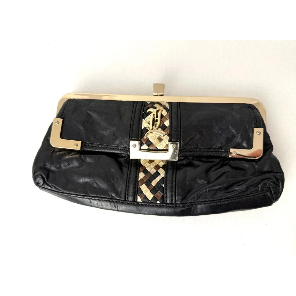 L.A.M.B. Clutch Bag Womens Small Black Leather Woven Logo Gwen Stefani
